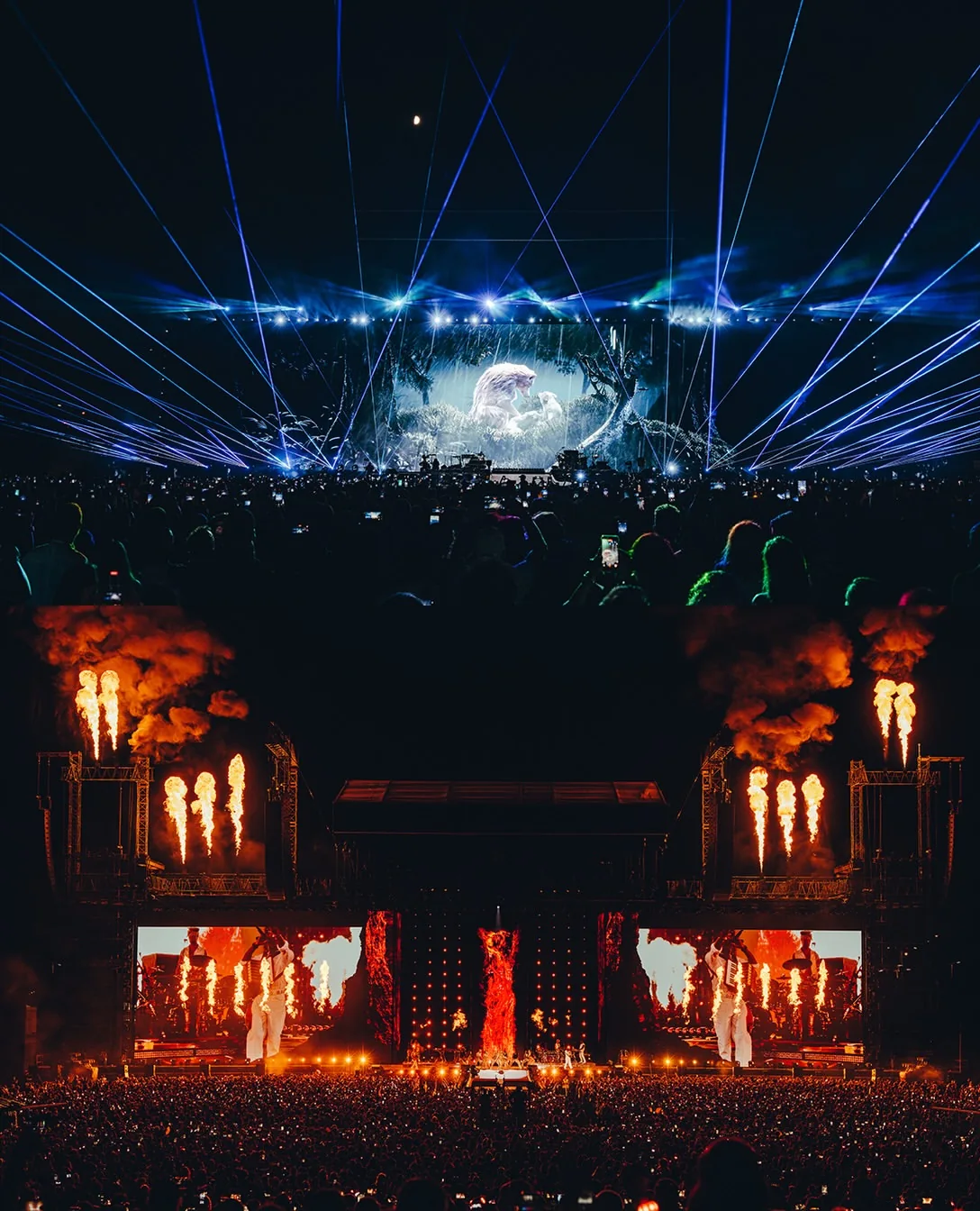 Escenario de la gira mundial de Shakira con haces láser azules y columnas de fuego